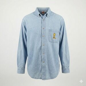 Vintage Looney Tunes Tweety Bird Denim Shirt Blue Embroidered 90s Streetwear L